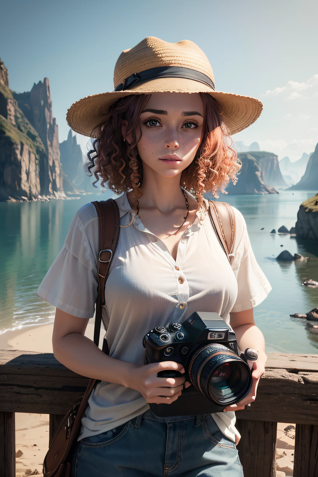 Portrait, cenrtral image, beatiful crazy 40 year old freckled girl, medium length curly random color hair, hat on head, photography fanatic, traveler, influencer, 40's traveler outfit, white shirt with rolled up sleeves, expressive facial features, beautiful eyes, 3D, Unreal Engine., 4K, mysterious light, mystical landscape