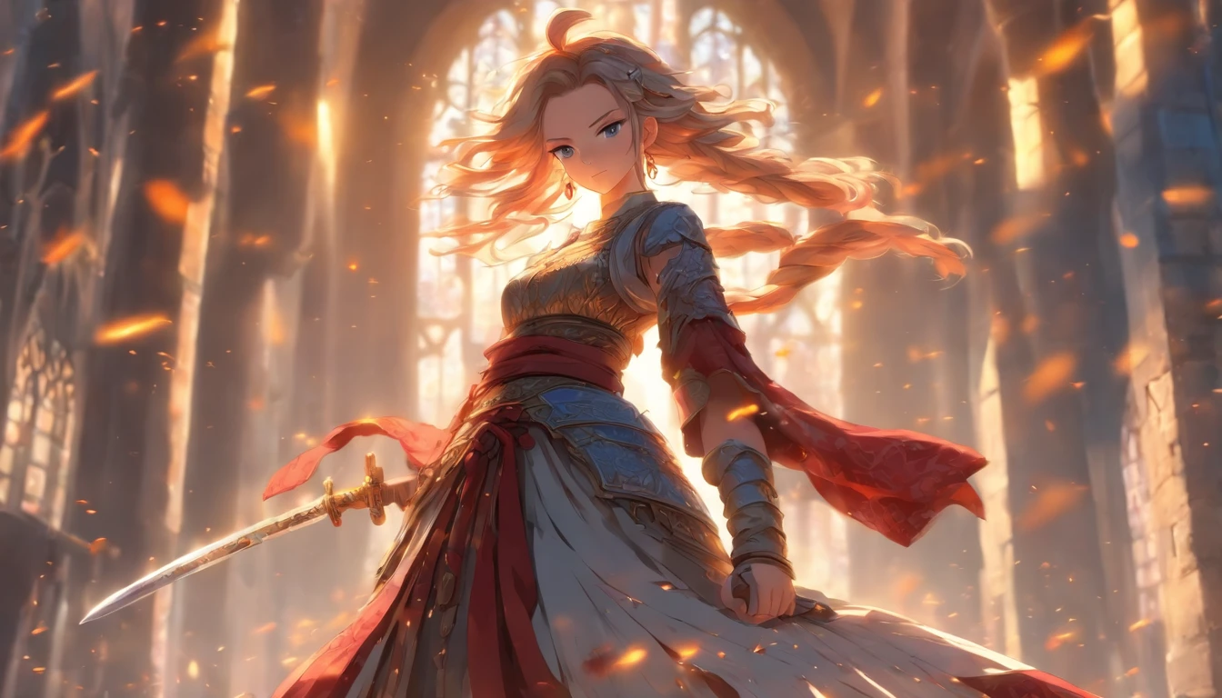 Japanese anime style. woman. Middle Ages. Europe. fantasy. Skirt. sword. are standing. Whole body. From below.