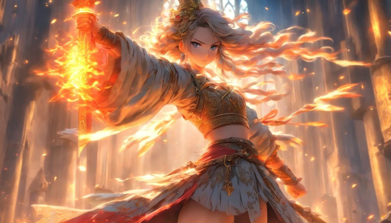 Japanese anime style. woman. Middle Ages. Europe. fantasy. Skirt. sword. are standing. Whole body. From below.