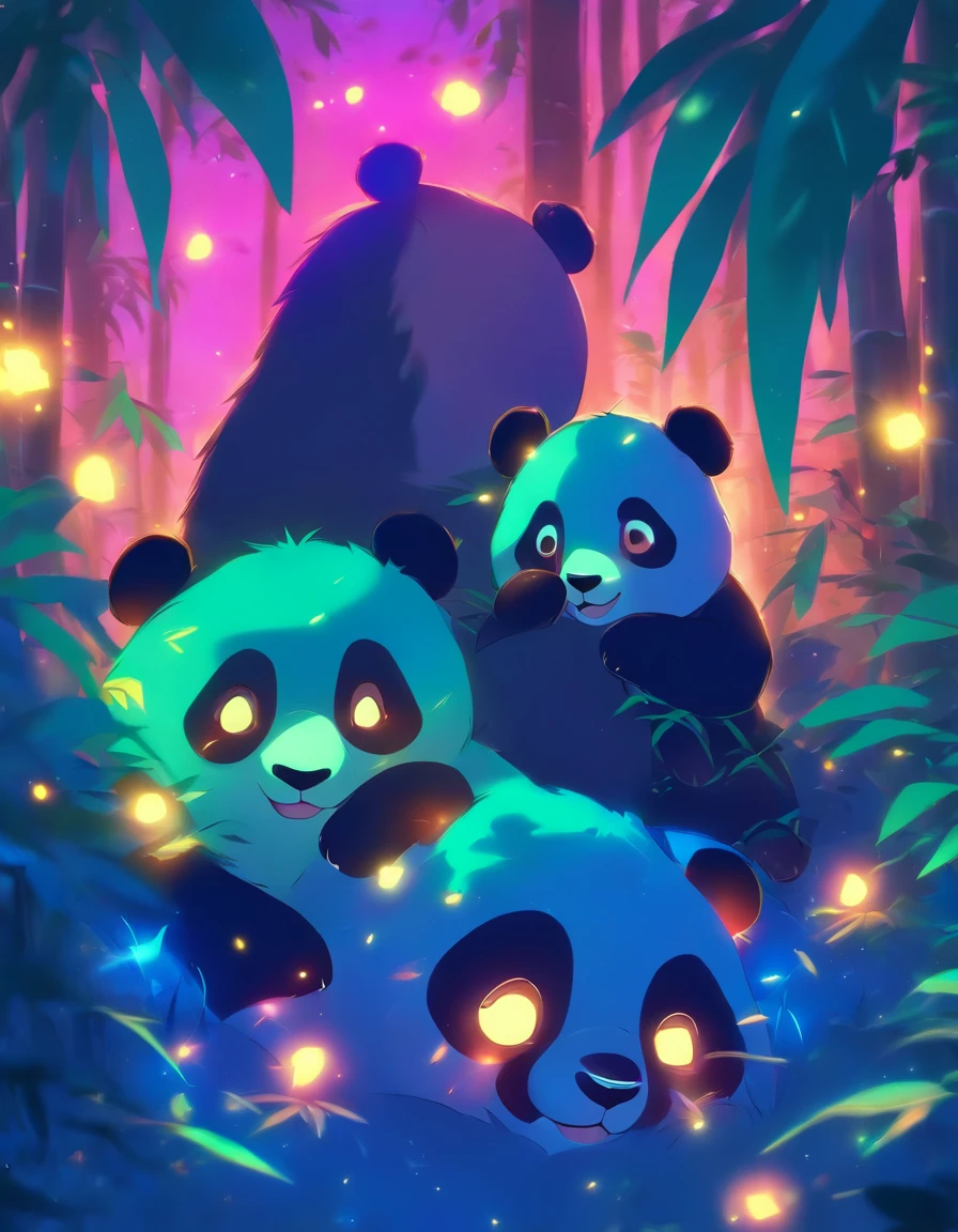 KIDS ILLUSTRATION,Silent night, Quiet bamboo forest, Bamboo leaves fall in the wind,Cute and cute giant panda cubs,fatty,Holding bamboo shoots, Full moon in the sky, fireflies flying,((oc rendered))