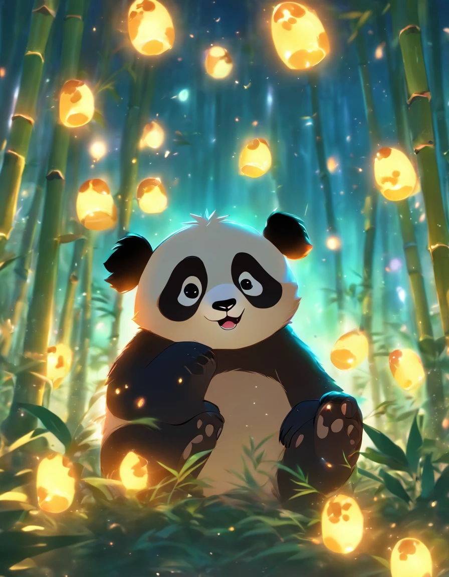 KIDS ILLUSTRATION，Silent night, Quiet bamboo forest, Bamboo leaves fall in the wind,Cute and cute giant panda cubs，fatty，Holding bamboo shoots， Full moon in the sky, fireflies flying，（（oc rendered））