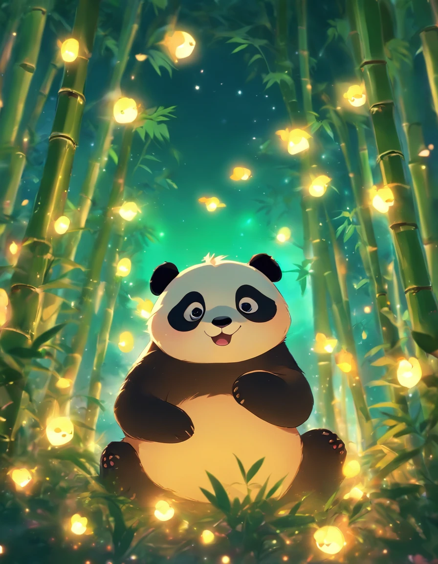 KIDS ILLUSTRATION，Silent night, Quiet bamboo forest, Bamboo leaves fall in the wind,Cute and cute giant panda cubs，fatty，Holding bamboo shoots， Full moon in the sky, fireflies flying，（（oc rendered））