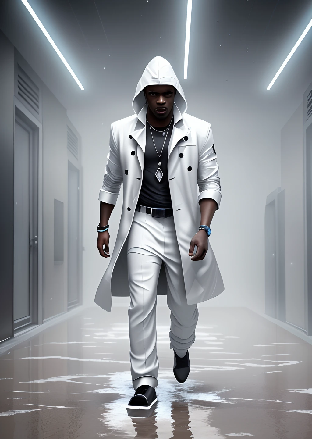 black man dressed in white coloured African designed clothes, walking on a wet surface covered by white smoke, all white coloured in scene, cgsociety 9, sci-fi, with iridescent light, 32k, ultra HD, unreal engine rendered, cinematic lighting, bright and vibrant colours, photorealistic image, --auto --s2