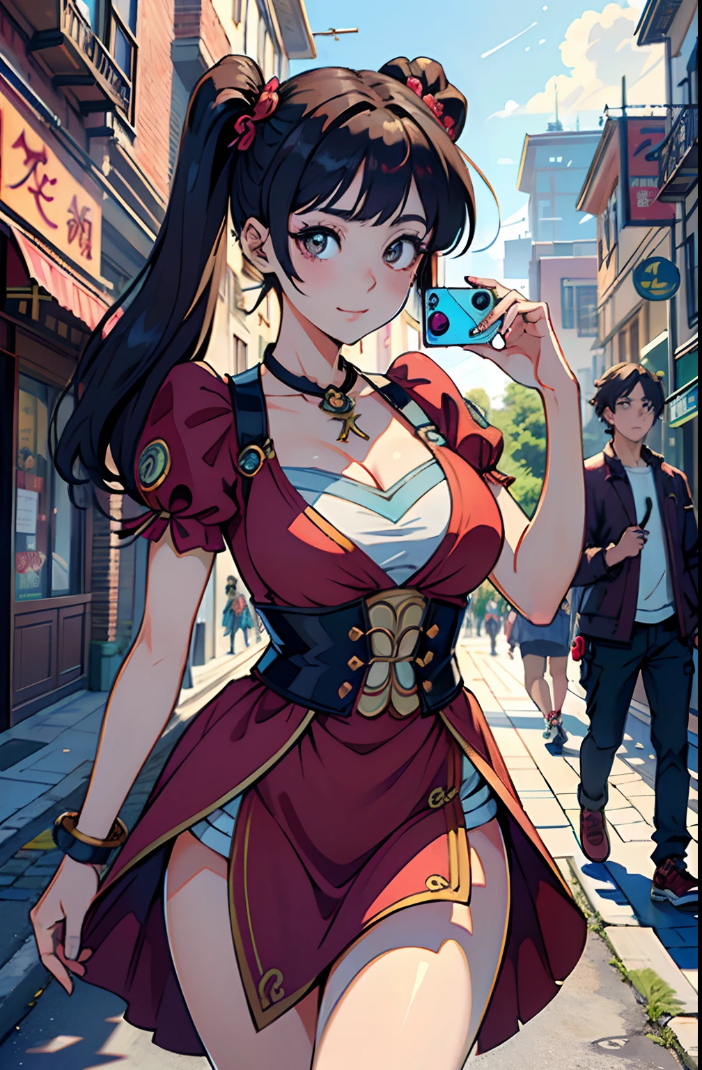 (Face focus:1.4,Super big eyes:1.4),Best quality, Masterpiece, Extremely detailed, high resolution, 4K, 超高分辨率, Detailed shadows, Perfect light and shadow,duo, Two girls in trendy costumes taking selfies on the street, Fantasy world,colorful pigtail, anime cosplaying, Anime style mixed with Fujifilm, Cute, big laughter, , Sexy,(Alebriès Art Style),PureErosFace_V1,Urzang-6500-V1 Edition.1,fantasyoutfit,The princess's eyes widened,Necklace of dreams,Fantastic ribbons,Dream rings,Fantastic jewelry,Fantastic hair accessory,Dream belt,Studio light,