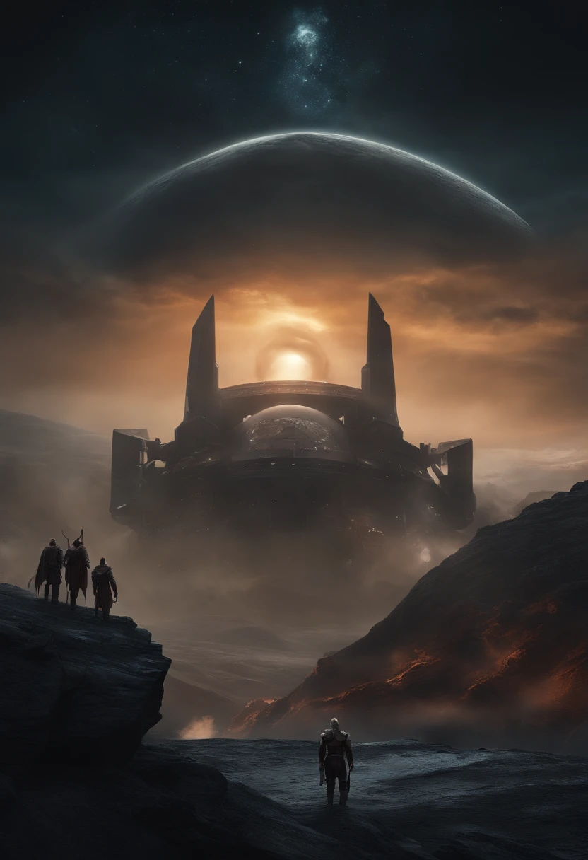 Create a vivid image that portrays a futuristic world where Space Vikings roam, navigating through the cosmos on their interstellar ships. The scene should be enveloped in a dark atmosphere, with the faint glow of small, flickering lights reflecting off the metallic surfaces of their vessels. These Space Vikings are not your typical warriors; they are adorned with cybernetic enhancements and wear dark, imposing armor that merges seamlessly with their cybernetic bodies.
In the distance, there lies the ethereal realm of Valhalla, a realm of conquest and glory that the Space Vikings aspire to reach. The path to Valhalla is fraught with perils, and the journey is filled with a sense of both foreboding and relentless determination. The cybernetic enhancements of the Space Vikings should be intricately detailed, with glowing circuits and augmented limbs.
The overall aesthetic should combine elements of dark cyberpunk and Norse mythology, creating a unique fusion of ancient legends and futuristic technology. Capture the essence of a relentless pursuit of honor and glory in the distant reaches of space. The contrast between the cold, unforgiving darkness of space and the fiery determination of the Space Vikings should be palpable in the image