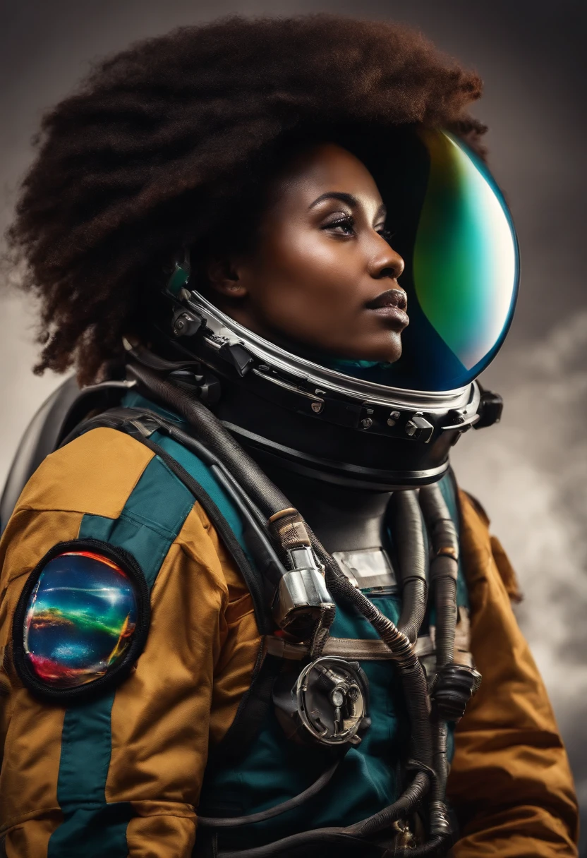 Young black astronaut woman with raised face black Rastafari with helmet in hand and looking forward