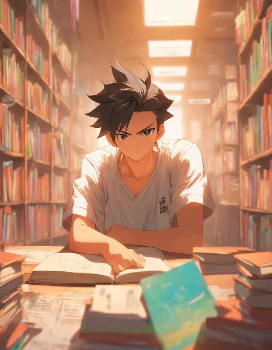A man sits in a classroom, Boy, Male classmates, In campus classrooms, The male classmate was wearing a white T-shirt, Short black hair, Pen in hand, There are exam papers, There are books, The lens is mainly shown on the upper body, Loepfe Art Style ((Xinhai City), Popular in CGSTATION, Xinhaicheng H 2160, Inspired by Bian Shoumin, Xinhai City, Kawasi, Guwitz style, high-quality picture, 4K, 8K, Resolution,