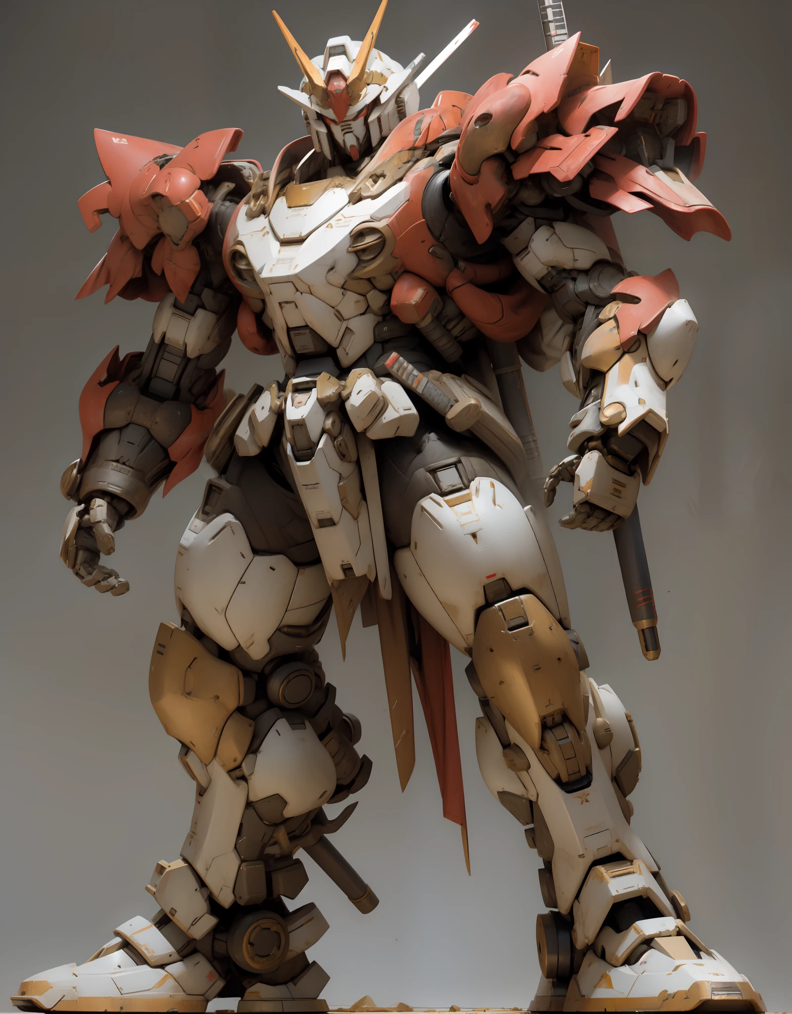 Super hyper realistic of Heavy duty HG00 gundam virtue, ((full body)) samurai element, huge robe ((steel buster)) gundam shape style, bulky, mechanical, muscular, brown and white color, samurai armor, stylish armor design, journal armor, sitting pose, battlefield background