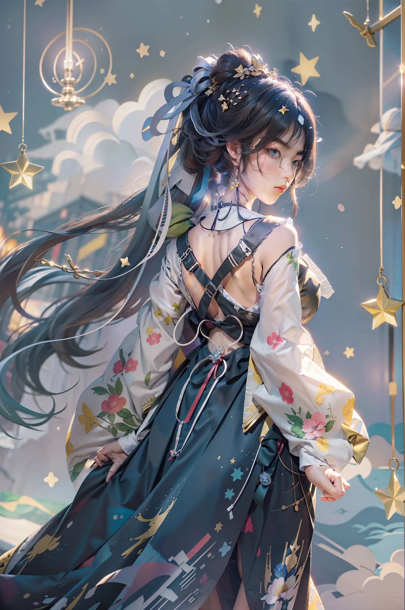 Masterpiece, Best quality, 1girll, Solo, Guizhong_Genshin, default_dress, From behind, Starry sky print, sleeves over wrists, Barefoot
