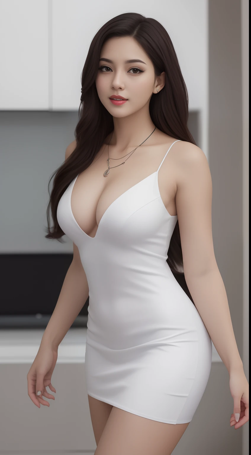 Ultra detail, high resolution, Ultra detailed, Best quality, Amazing, Top quality,Unified 8K wallpapers, Cinematic lighting, (fully body photo:1.6),The is standing,Beauty model,Busty woman,Wear silk sexy low-cut dress miniskirt,Wear high heels,Wearing a beautiful necklace,耳Nipple Ring