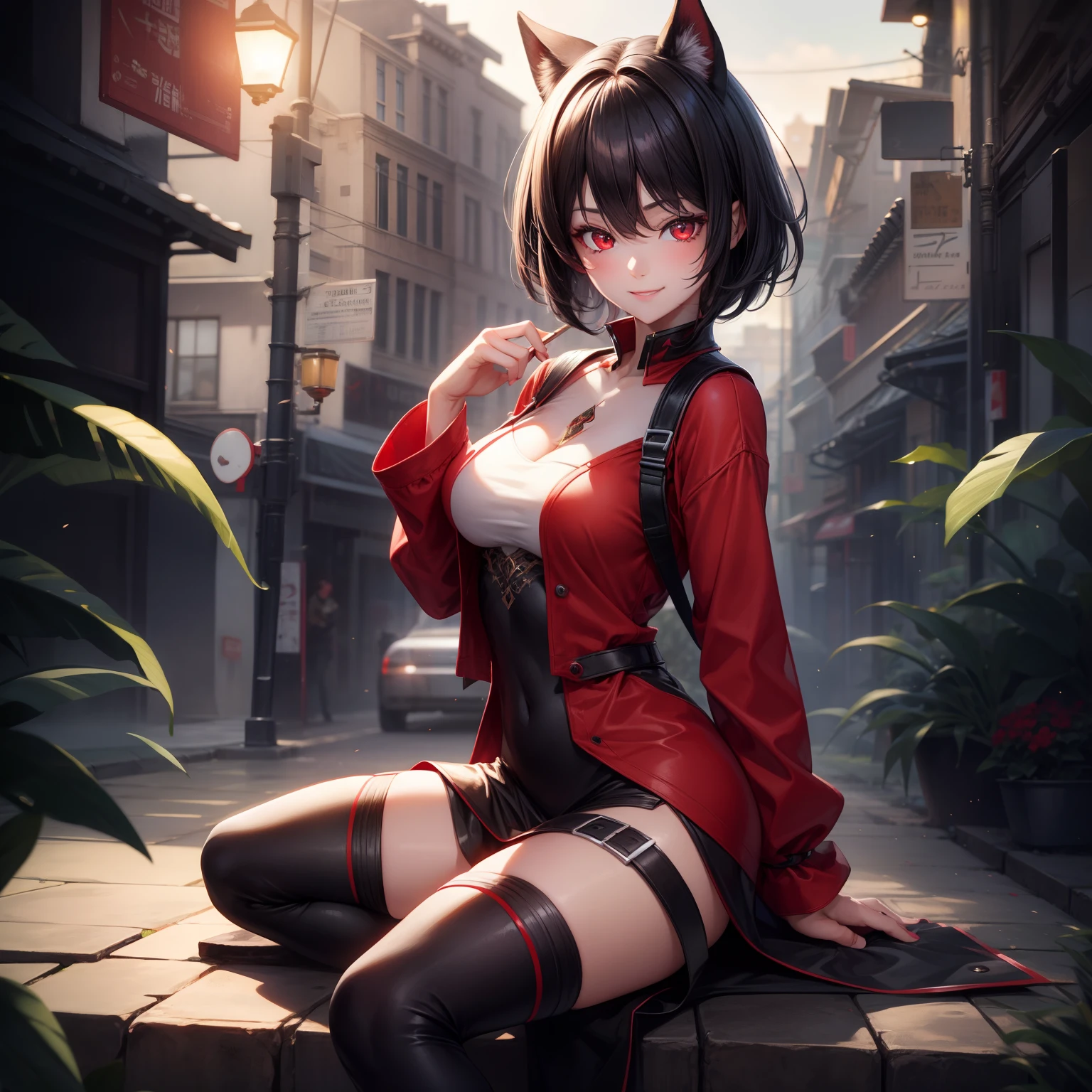 ((Masterpiece)), (Best Quality), Solo, Miosha1, Hair Accessory, Wolf Tail, Red Necklace, Black Shirt, Sailor Collar, Split Sleeves, Black Skirt, Pleated Skirt, White Thighs, Abdomen, Bell, Rope, (NSFW:1.3), Full Body