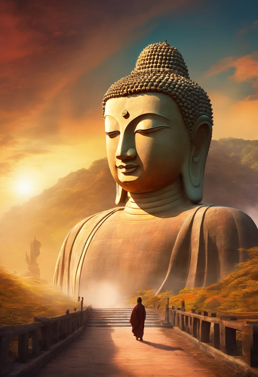 Giant Buddha statue in the distance, stone, Texture, Tall, Majestic, The background is illuminated by sunlight，inverted image，Lateral face，Pilgrims on the road