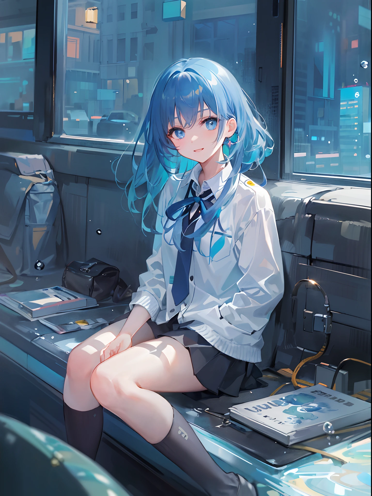 ((top-quality)), ((masterpiece)), ((ultra-detailliert)), (extremely delicate and beautiful), girl with, 独奏, cold attitude,((Black jacket)),She is very(relax)with the(Settled down)Looks,A dark-haired, depth of fields,evil smile,Bubble, under the water, Air bubble,bright light blue eyes,Inner color with light blue hair and dark blue tips,Cold background,Bob Hair - Linear Art, shortpants、knee high socks、White uniform like school uniform、Light blue ribbon ties、Clothes are sheer、Hands in pockets,bun, messy bun, side bun