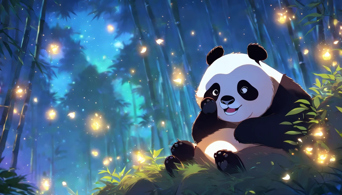 KIDS ILLUSTRATION，Silent night, Quiet bamboo forest, Bamboo leaves fall in the wind,Cute and cute giant panda cubs，fatty， Full moon in the sky, fireflies flying，（（oc rendered））