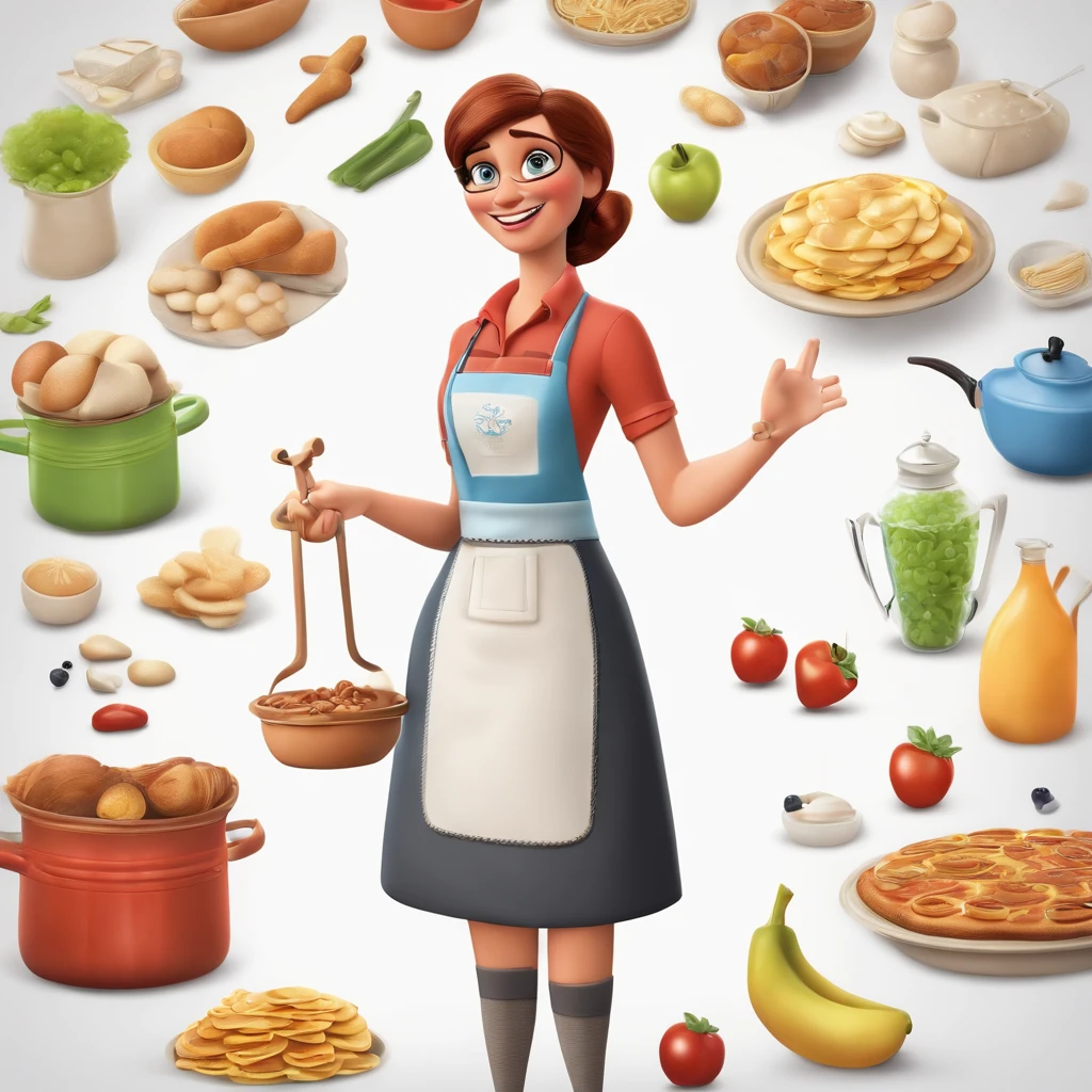 White background, Pixar 3D Cartoons, Woman in Apron, ::Style Pixar Cartoons