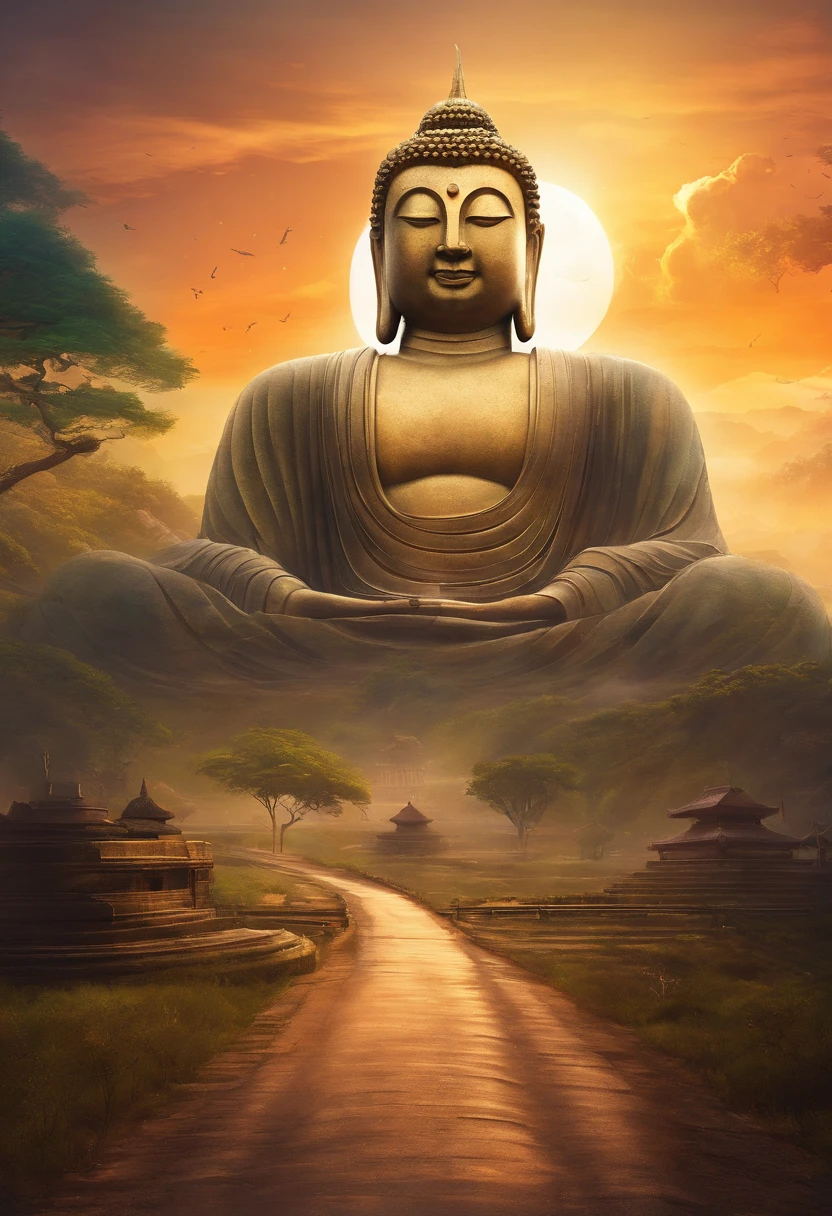 Giant Buddha statue in the distance, stone, Texture, Tall, Majestic, The background is illuminated by sunlight，inverted image，Lateral face，Pilgrims on the road