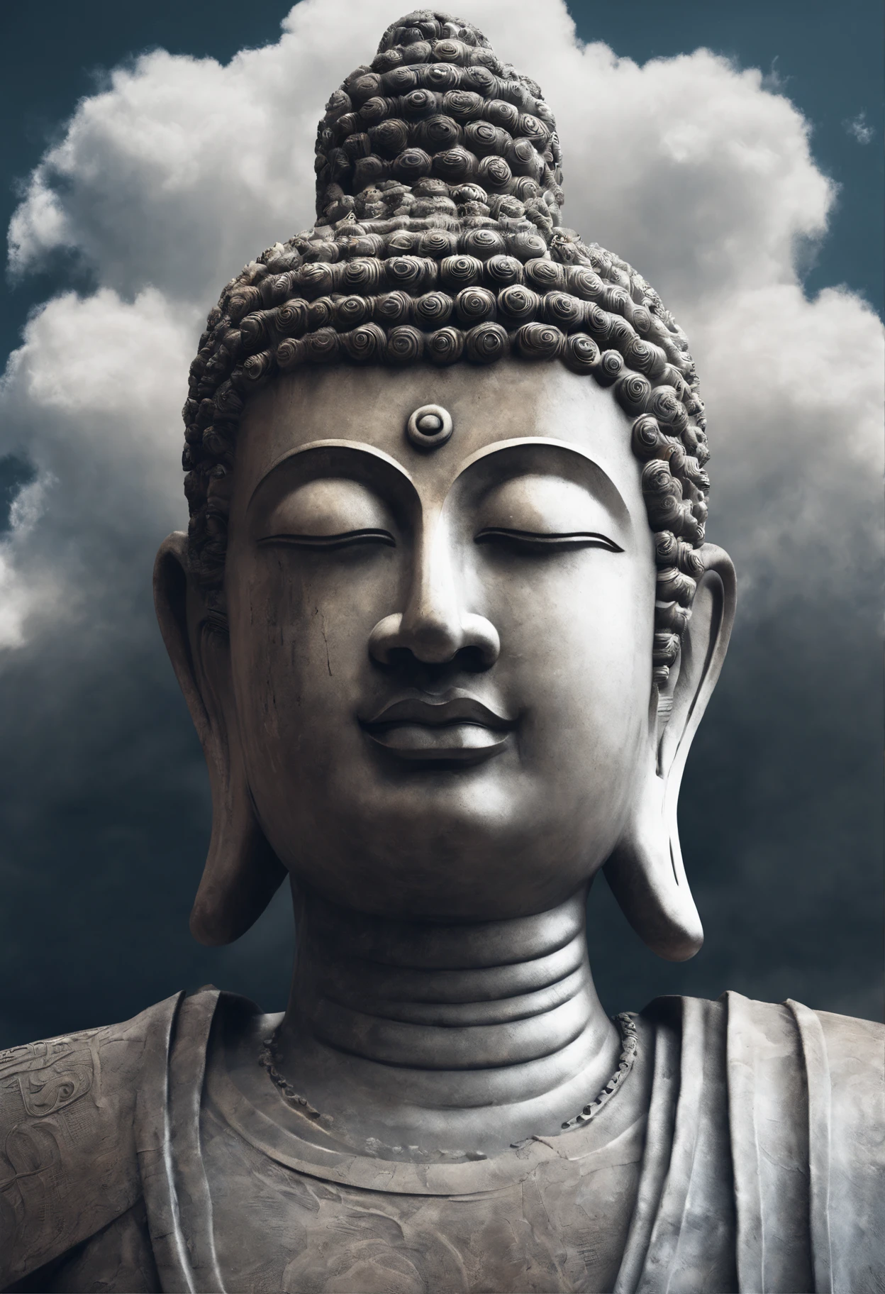 (1 Buddha statue(Upper body),(The ancient heavenly city and the clouds are double exposed:1.25),multiple exposure,Highly detailed,by WLOP),From the side Side, 1 The Buddha statue wears a white dress made of cloud wind, White wings,Fantastic wind,Flowing cloud,Sea of clouds