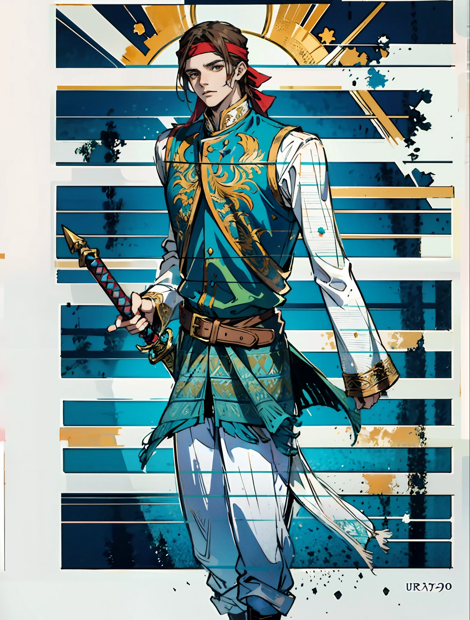 A young man with long brown hair, a cloth headband tied around his forehead, deep and resolute eyes, well-defined features, Central Asian ethnicity, stands on an endless grassland, a two-piece fantasy-style outfit, combining elements of Central Asian ethnic clothing with, a thick and long vest-like coat, a belt is tied around his waist, he wears matching trousers. his right hand holds a fantasy-style longsword, this character embodies a finely crafted fantasy-style swordsman design in anime style, characterized by a sophisticated and mature manga illustration art style, high definition, best quality, highres, ultra-detailed, ultra-fine painting, extremely delicate, professional, anatomically correct, symmetrical face, extremely detailed eyes and face, high quality eyes, creativity, RAW photo, UHD, 8k, Natural light, cinematic lighting, masterpiece:1.5