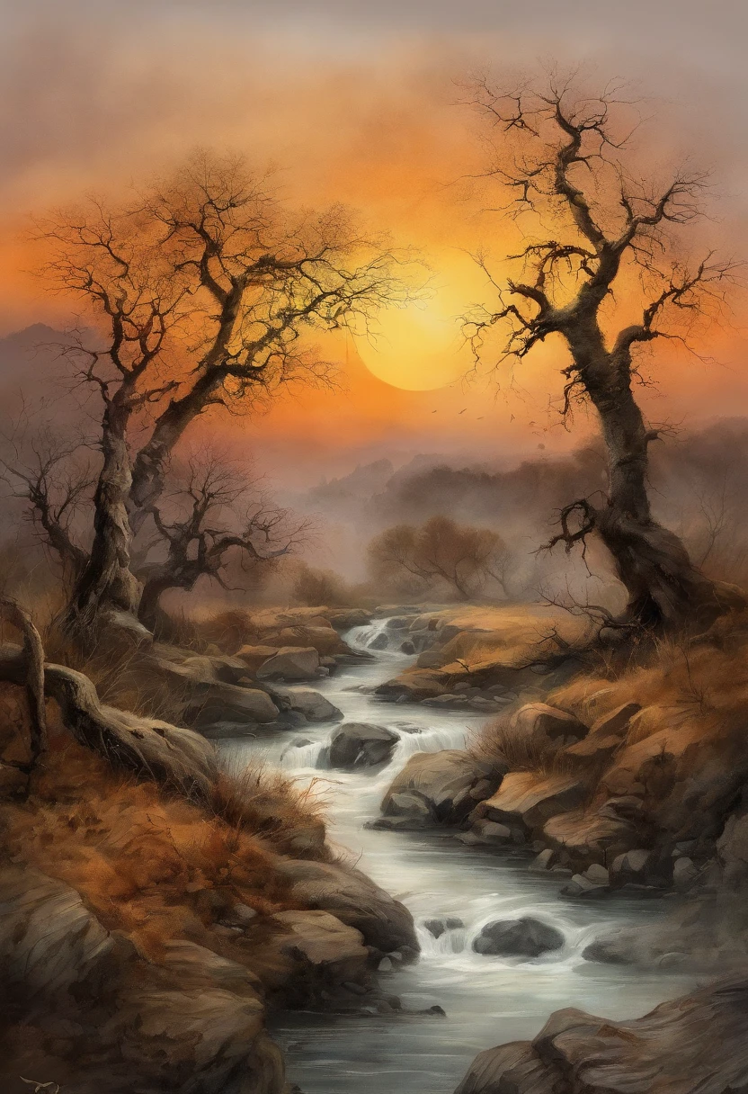 RAW photo of the landscape,Dead vines, old trees, and crows,Small bridges and flowing water,Ancient road west wind thin horse,Sunset,Broken intestines are at the end of the world,Inspired by the Tang dynasty poet Ma Zhiyuan,small detailed,realisticlying,ultra real photo,8K UHD,Digital SLR,softlighting,high high quality,filmgrain,Fujifilm XT3,(tmasterpiece)