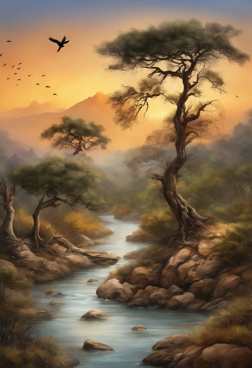 RAW photo of the landscape,Dead vines, old trees, and crows,Small bridges and flowing water,Ancient road west wind thin horse,Sunset,Broken intestines are at the end of the world,Inspired by the Tang dynasty poet Ma Zhiyuan,small detailed,realisticlying,ultra real photo,8K UHD,Digital SLR,softlighting,high high quality,filmgrain,Fujifilm XT3,(tmasterpiece)