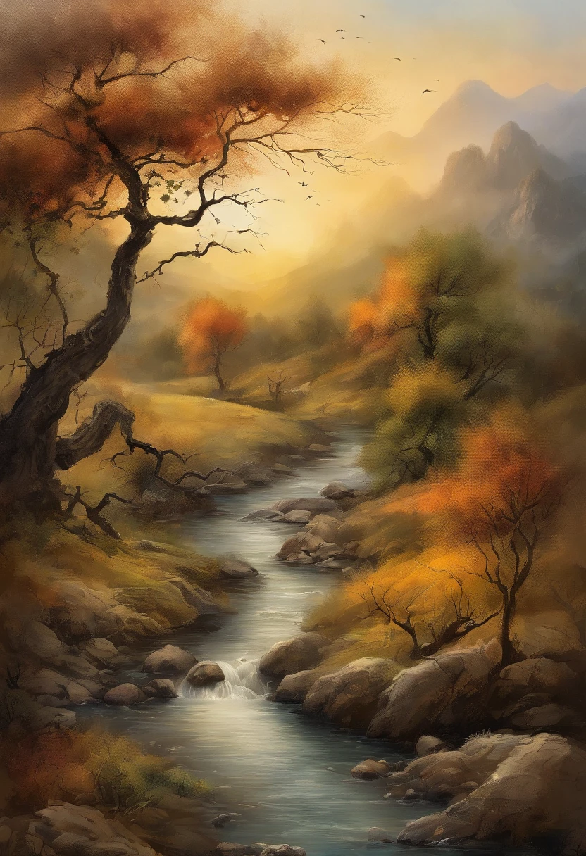 RAW photo of the landscape,Dead vines, old trees, and crows,Small bridges and flowing water,Ancient road west wind thin horse,Sunset,Broken intestines are at the end of the world,Inspired by the Tang dynasty poet Ma Zhiyuan,small detailed,realisticlying,ultra real photo,8K UHD,Digital SLR,softlighting,high high quality,filmgrain,Fujifilm XT3,(tmasterpiece)