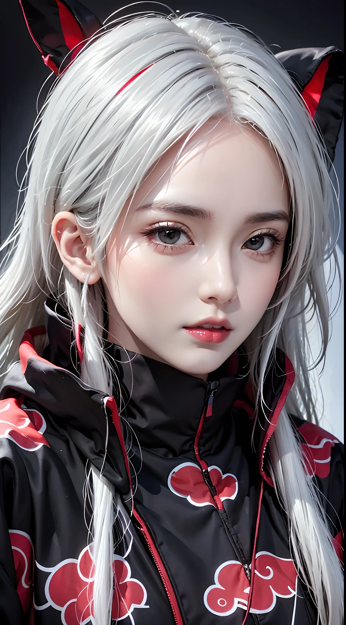 Best quality, masterpiece, high resolution, (perfect body shape), 1girl, detailed face, red lips, white hair, AKATSUKI OUTFIT, ninja, black cloak, black coat, sharingan eyes