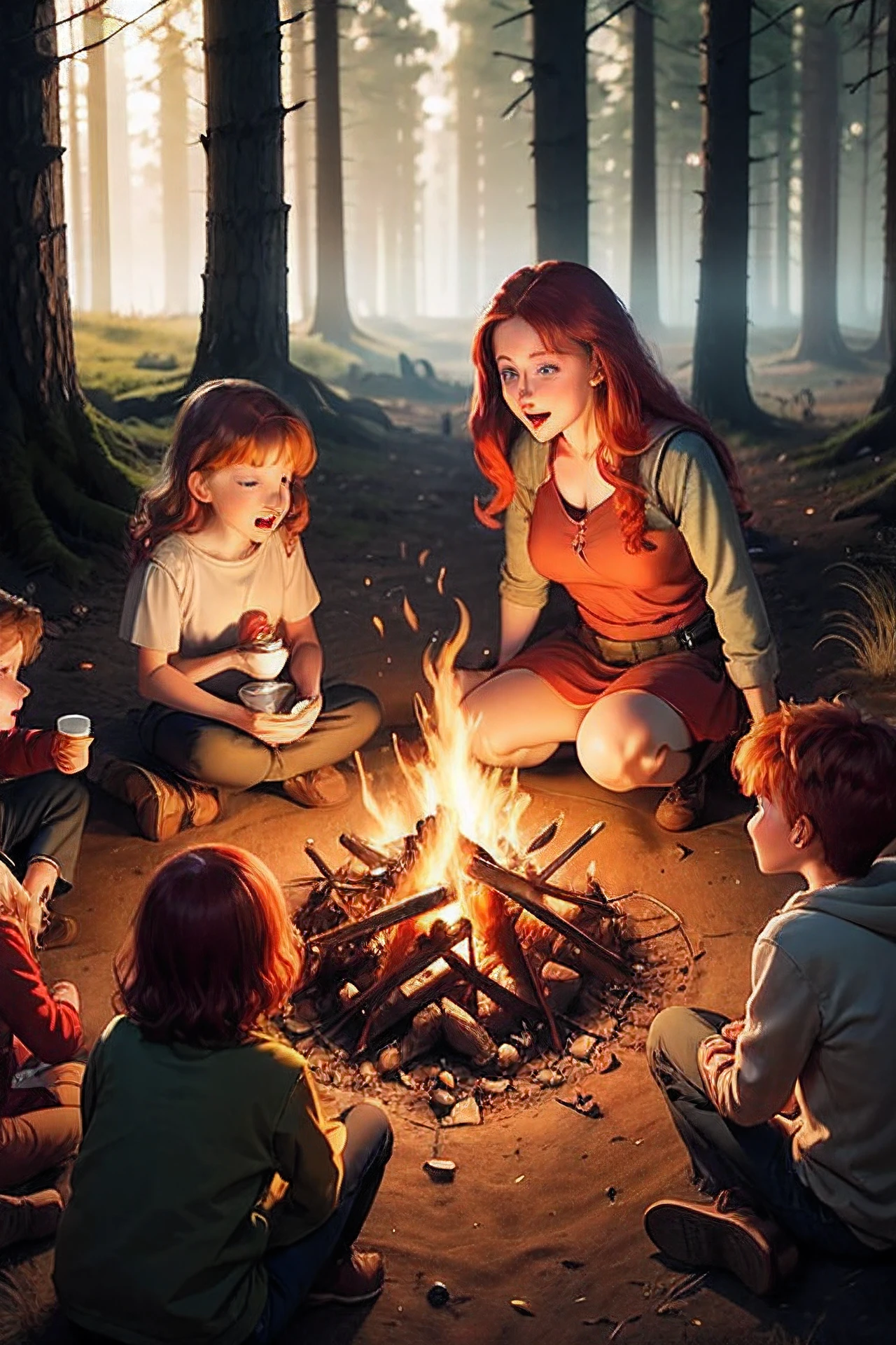 Create a young red-haired woman telling stories at the campfire to four children.
