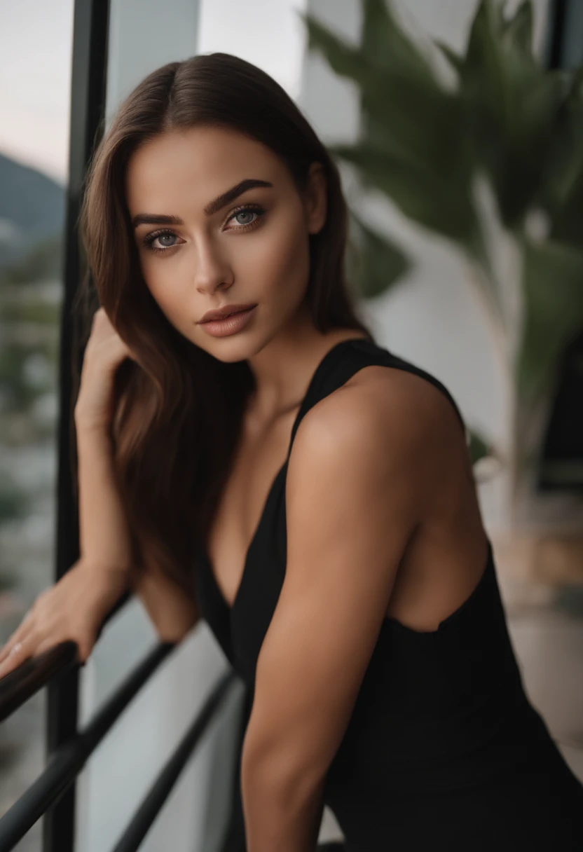 arafed woman with black clothes, sexy girl with brown eyes, portrait sophie mudd, brown hair and large eyes, selfie of a young woman, bedroom eyes, violet myers, without makeup, natural makeup, looking directly at the camera, face with artgram, subtle makeup, stunning full body shot, on a balcony having mountains behind her, cleavage
