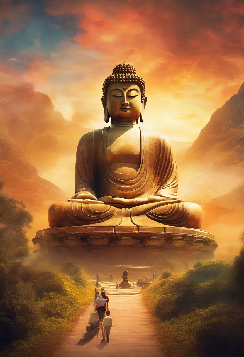 Giant Buddha statue in the distance, stone, Texture, Tall, Majestic, The background is illuminated by sunlight,inverted image,Lateral face,Pilgrims on the road