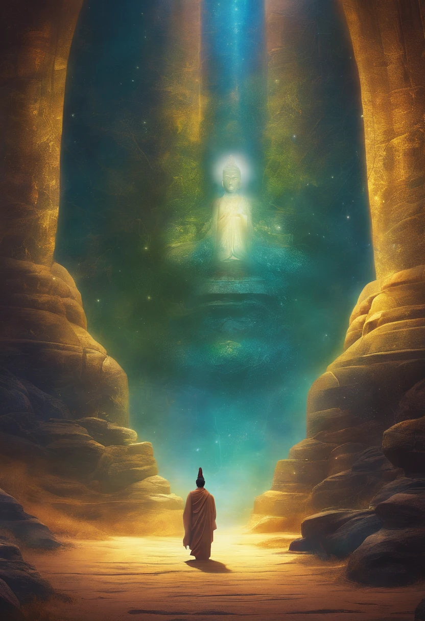 Giant Buddha statue in the distance, stone, Texture, Tall, Majestic, The background is illuminated by sunlight,inverted image,Lateral face,Pilgrims on the road