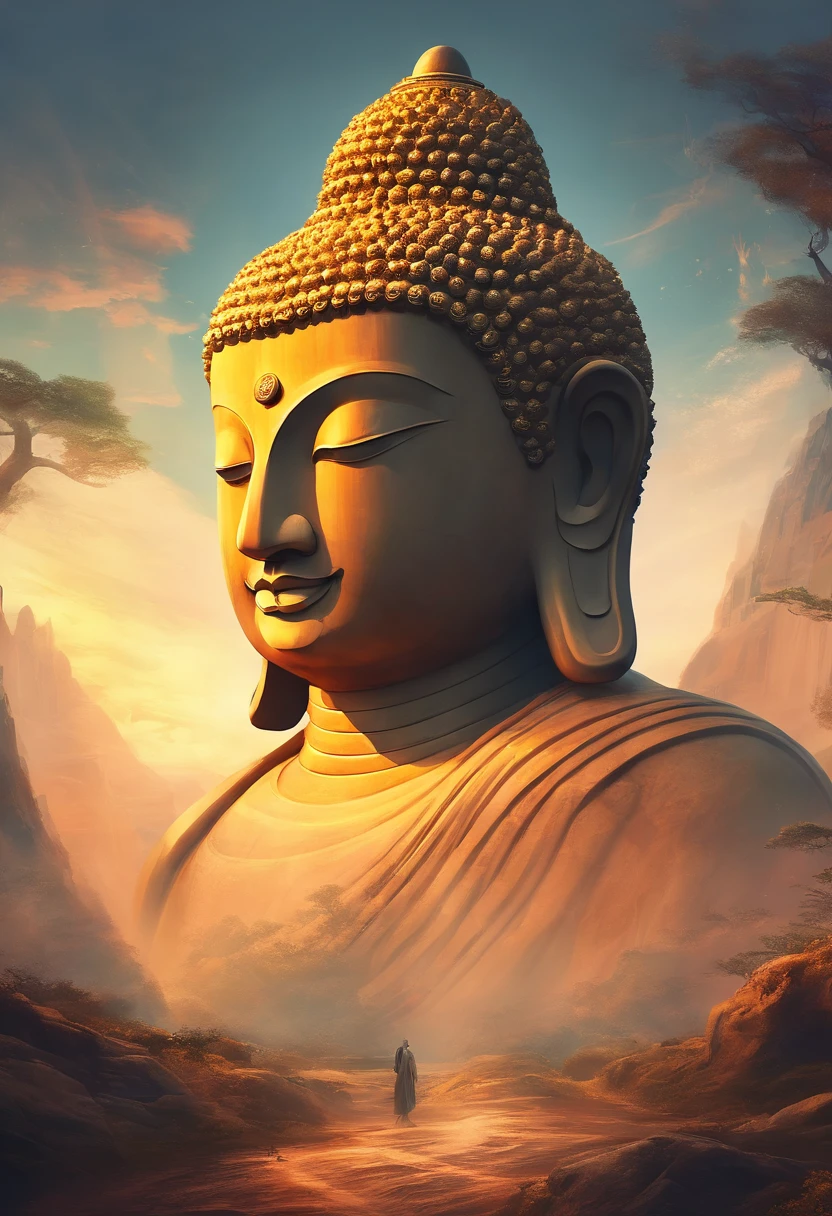 Giant Buddha statue in the distance, stone, Texture, Tall, Majestic, The background is illuminated by sunlight,inverted image,Lateral face,Pilgrims on the road