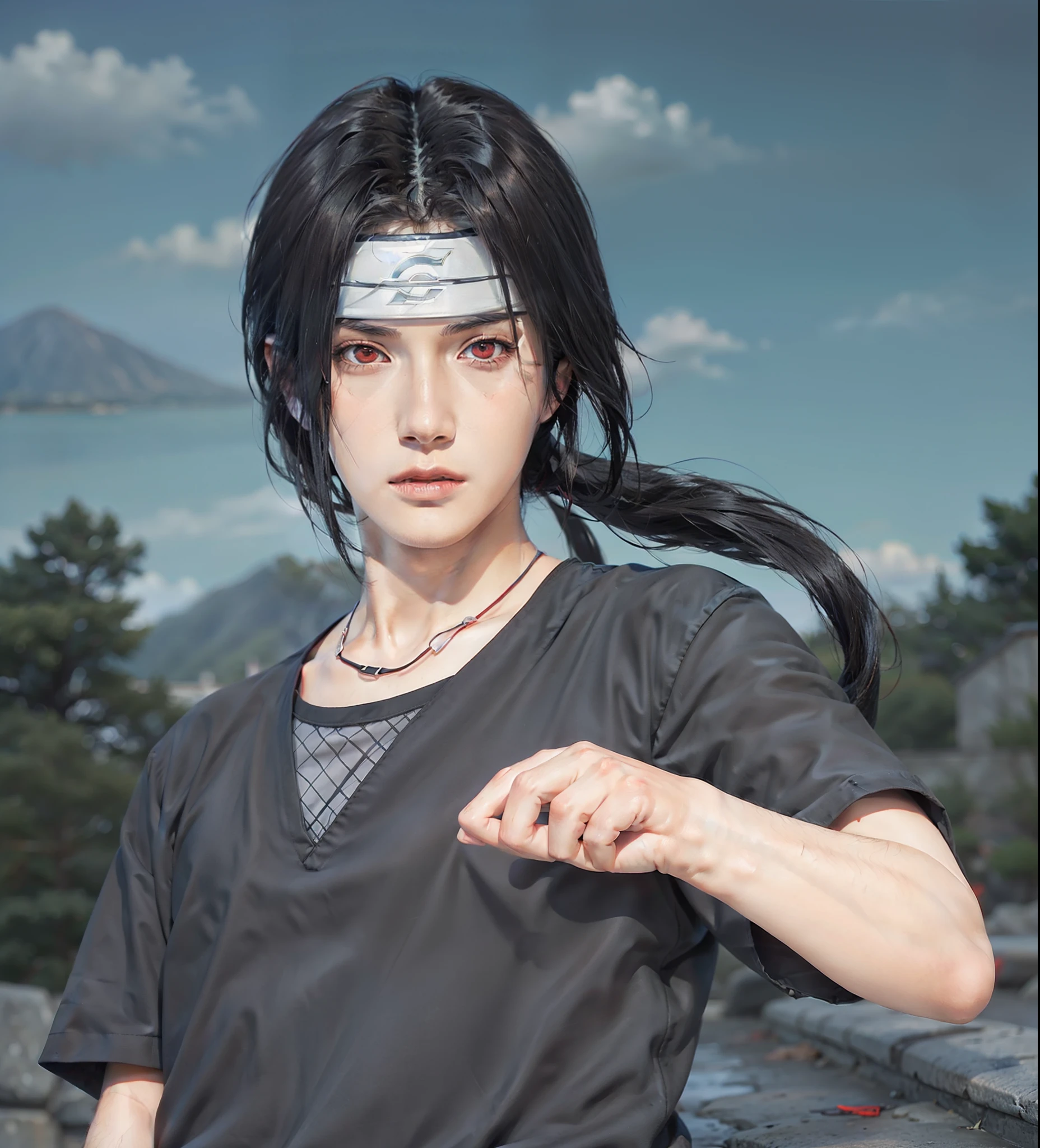 1man, uchiha itachi in anime naruto, long hair , black hair, red eyes, handsome, grey clothes, realistic clothes, detail clothes, outdoor background, ultra detail, realistic