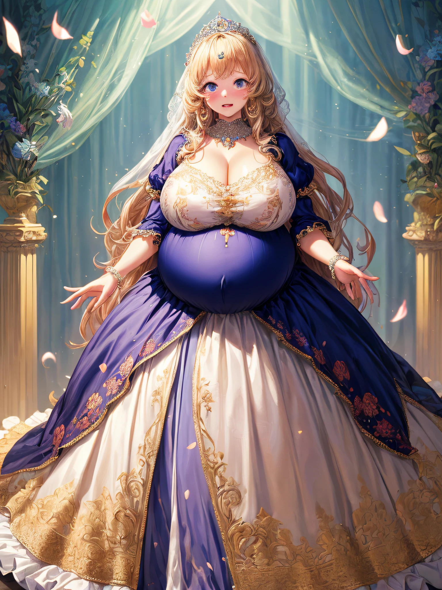 (masterpiece, best quality,extremely detailed:1.1),(moe anime art style:1.2),1girl,((full body,focus face)),((solo)), cute, kawaii,digital art,((1 bling-bling pregnant princess wearing beautiful embroidery and jeweled gorgeous princess rococo ballgown with voluminous full length hoop skirt)),(((heavily pregnant,very big pregnant belly))),((crinoline)),long train,voluminous frills,(gorgeous embroidery and beautiful lace),((very gigantic boobs,skindentation)),cleavage,shiny hair,(((very long hair,large amount of straight hair))),((embarrassed,cry)),((finely detailed face and eyes)),clear pupil,extremely gorgeousfull hair ornament,(bling-bling jeweled extremely gorgeousfull tiara),(bling-bling gorgeous gemstone jewelry),long veil,beautiful background,fantasy background,flowers,flower petals flowing,full body,((beautiful embroidery and jeweled ruffled gorgeous princess rococo ballgown with voluminous full length hoop skirt))