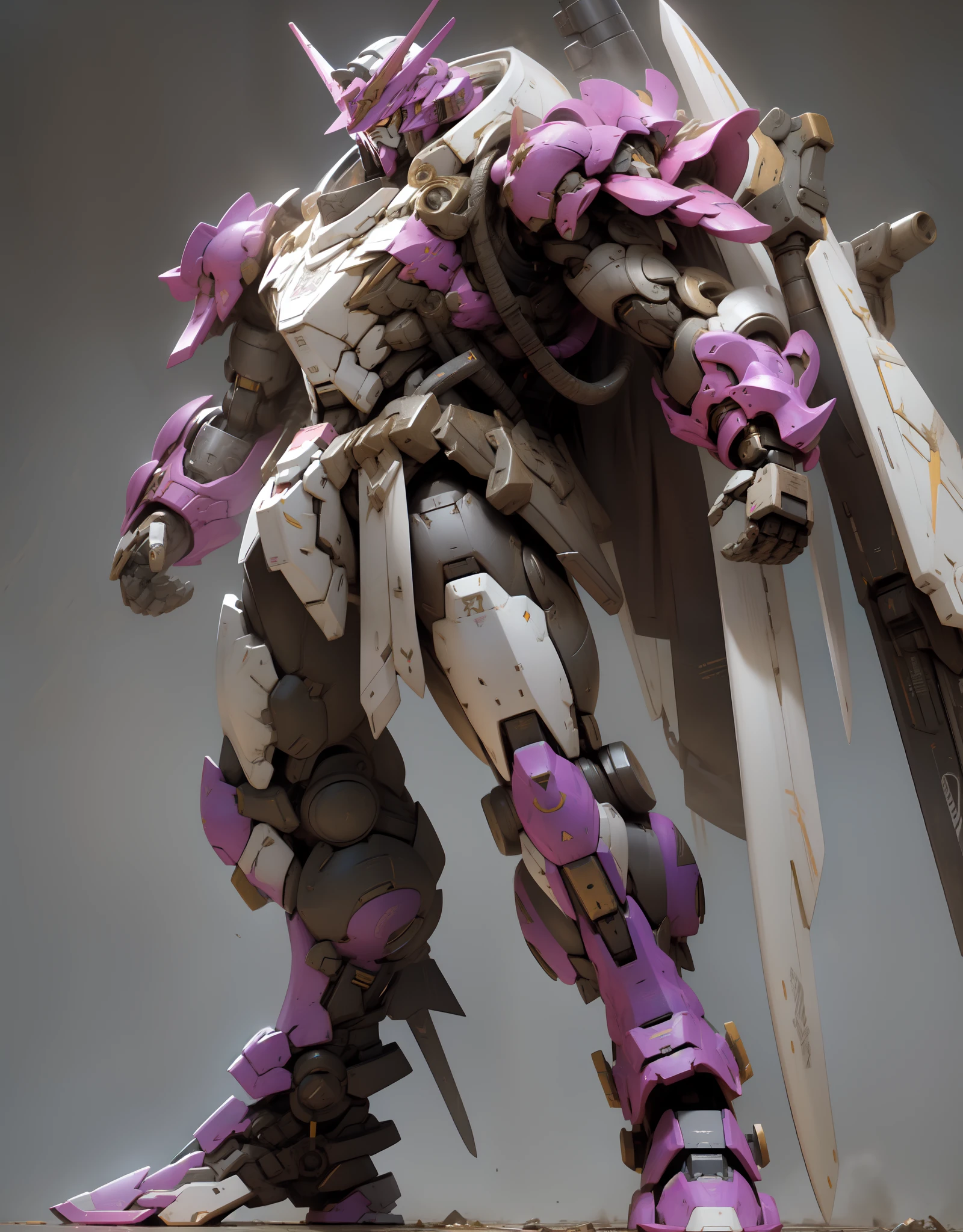 Sitting pose, Super hyper realistic of Heavy duty HG00 gundam virtue, ((full body)) samurai element, massive axe, huge robe ((steel buster)) gundam shape style, bulky, mechanical, muscular, purple and white color, samurai armor, stylish armor design, journal armor, battlefield background