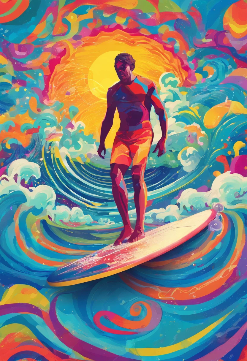 a man surfing a wave,listening to music,on a sunny day,in the blue sea,with the flag of the Dominican Republic,illustration,oil painting,ultra-detailed,photorealistic,best quality,4k,highres,(vivid colors,brilliant hues),water splashing,foaming waves,shimmering water surface,crashing wave,peaceful atmosphere