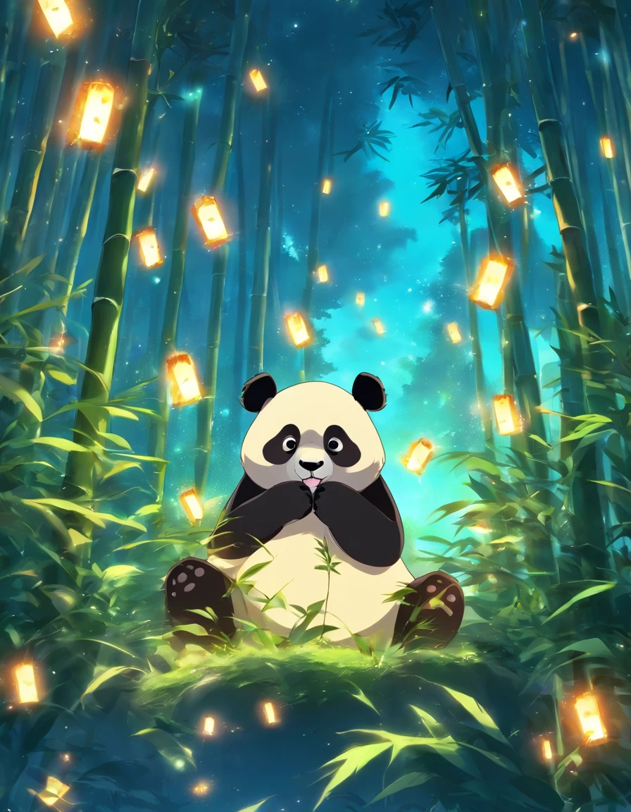 KIDS ILLUSTRATION,Silent night, Quiet bamboo forest, Bamboo leaves fall in the wind,Cute and cute giant panda cubs,fatty,Holding bamboo shoots,bamboo shoots,Full moon in the sky, fireflies flying,((oc rendered))