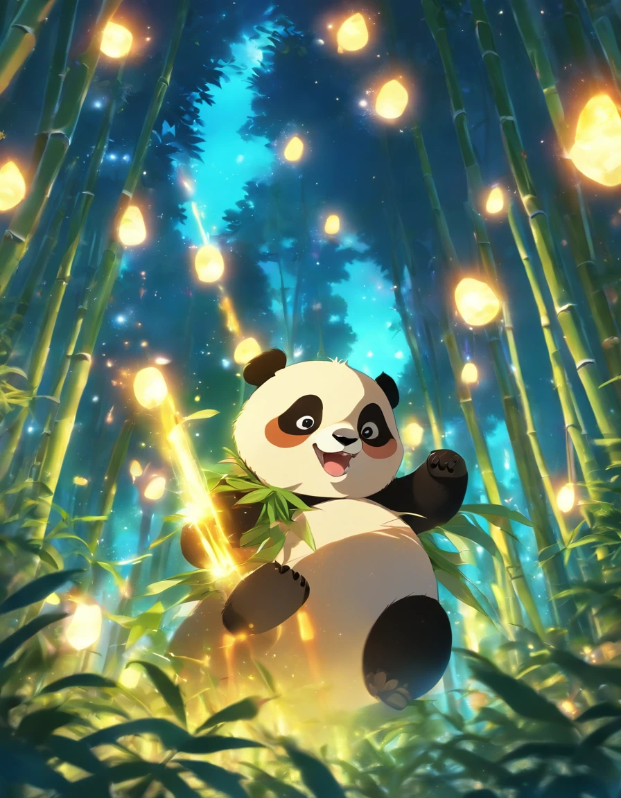 KIDS ILLUSTRATION,Silent night, Quiet bamboo forest, Bamboo leaves fall in the wind,Cute and cute giant panda cubs,fatty,Holding bamboo shoots,bamboo shoots,Full moon in the sky, fireflies flying,((oc rendered))