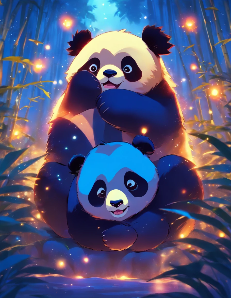 KIDS ILLUSTRATION,Silent night, Quiet bamboo forest, Bamboo leaves fall in the wind,Cute and cute giant panda cubs,fatty,Holding bamboo shoots,bamboo shoots,Full moon in the sky, fireflies flying,((oc rendered))