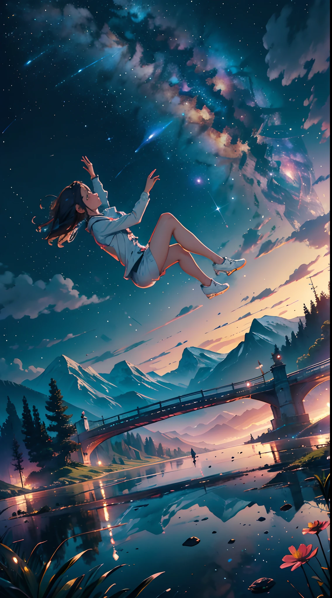 masterpiece, a cute girl falling in a river, falling_blur, cosmic, reflections, cosmos, best quality, wallpaper, space suit, epic, depth , gorgeous, intricate, detailed, from side, perspective, moviment,, happy, happyness, freedom, night, landscape, scenary, mountian,partices