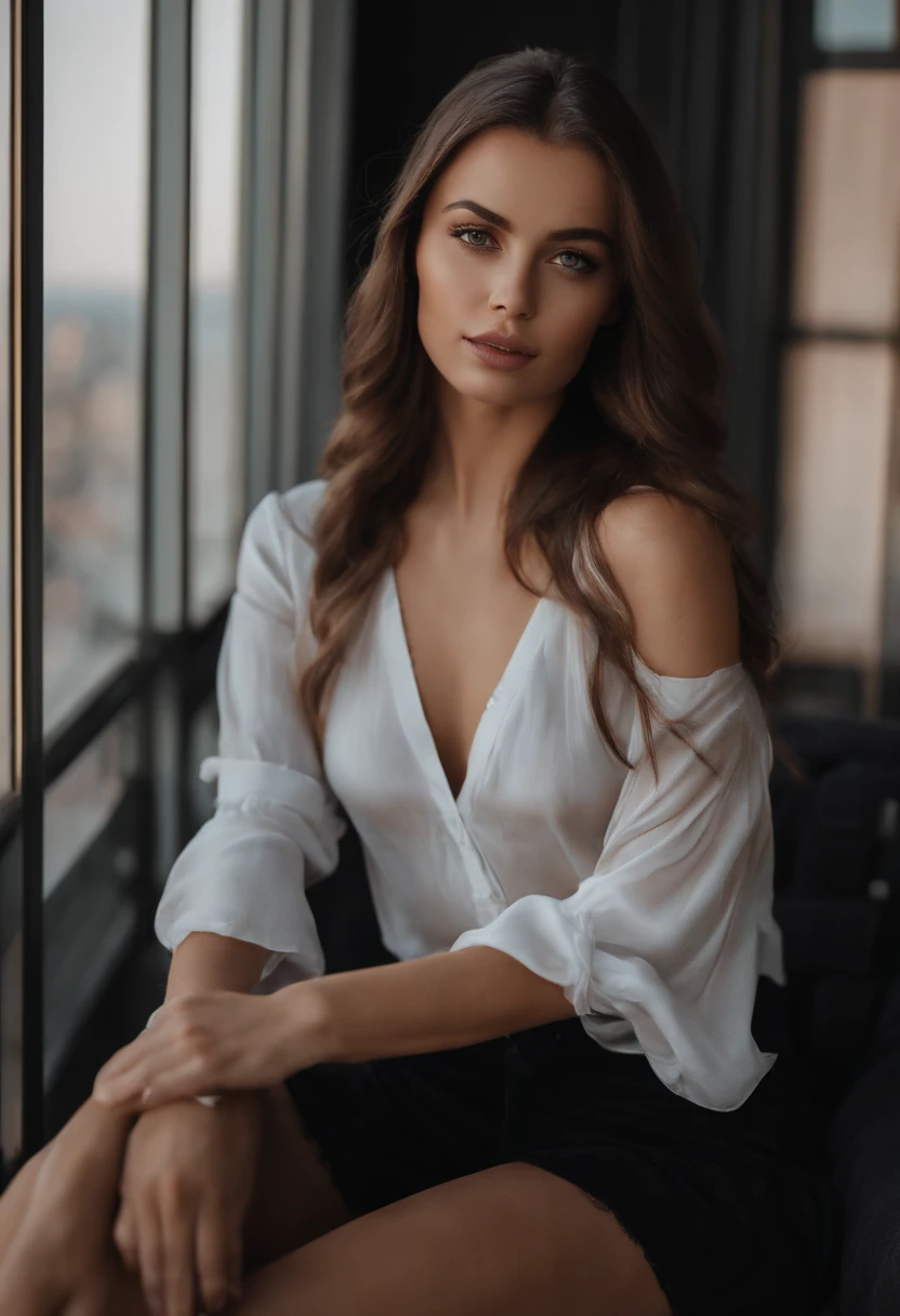 arafed woman with black clothes, sexy girl with brown eyes, portrait sophie mudd, brown hair and large eyes, selfie of a young woman, bedroom eyes, violet myers, without makeup, natural makeup, looking directly at the camera, face with artgram, subtle makeup, stunning full body shot, on a balcony having mountains behind her, cleavage