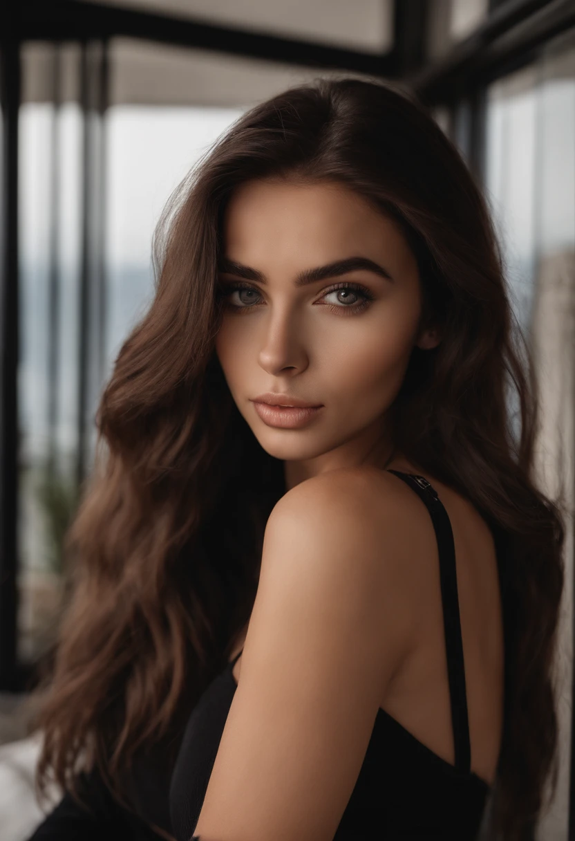 arafed woman with black clothes, sexy girl with brown eyes, portrait sophie mudd, brown hair and large eyes, selfie of a young woman, bedroom eyes, violet myers, without makeup, natural makeup, looking directly at the camera, face with artgram, subtle makeup, stunning full body shot, on a balcony having mountains behind her, cleavage