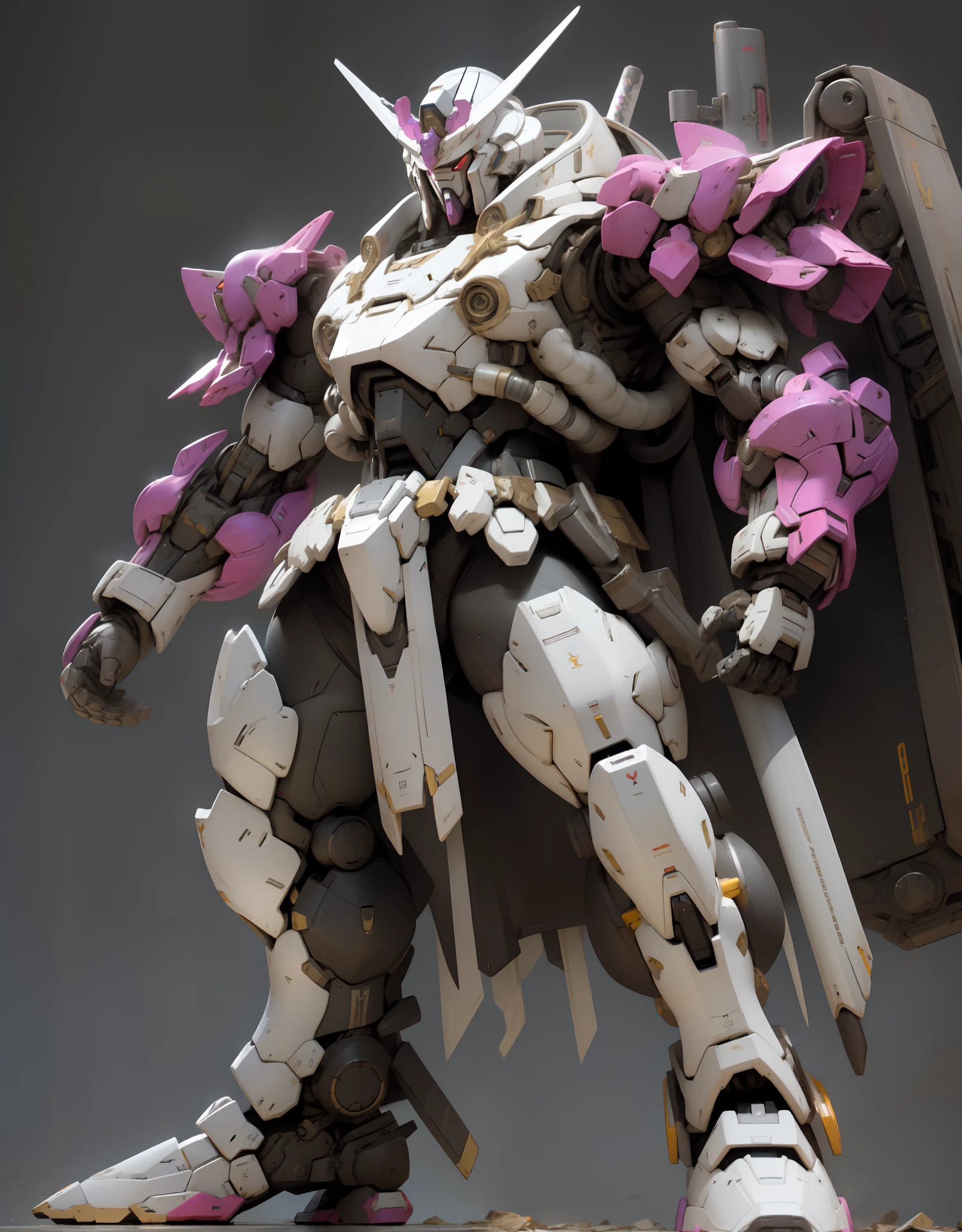 Sitting pose, Super hyper realistic of Heavy duty HG00 gundam virtue, ((full body)) samurai element, massive axe, huge robe ((steel buster)) gundam shape style, bulky, mechanical, muscular, purple and white color, samurai armor, stylish armor design, journal armor, battlefield background