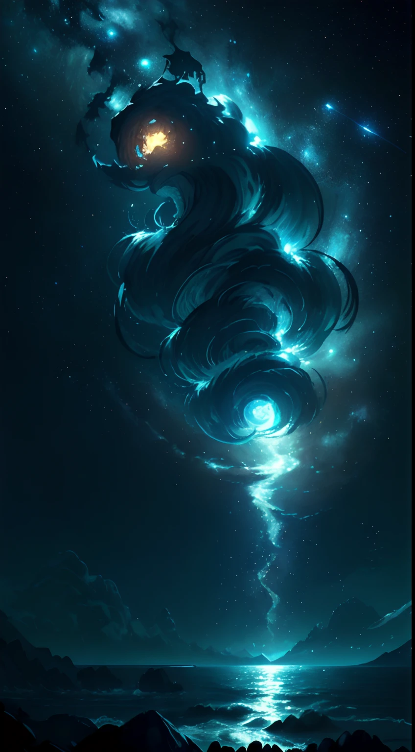In the dark there is a ocean brightening like moon , there is one big whale faraway in the ocean came out to breathe and stars all over the sky, ultra-detailed, ultra lighting, detailed, AOT style, concept art, 2.5 d art, illustration, dark mode,shinning, crispy edges, falling star