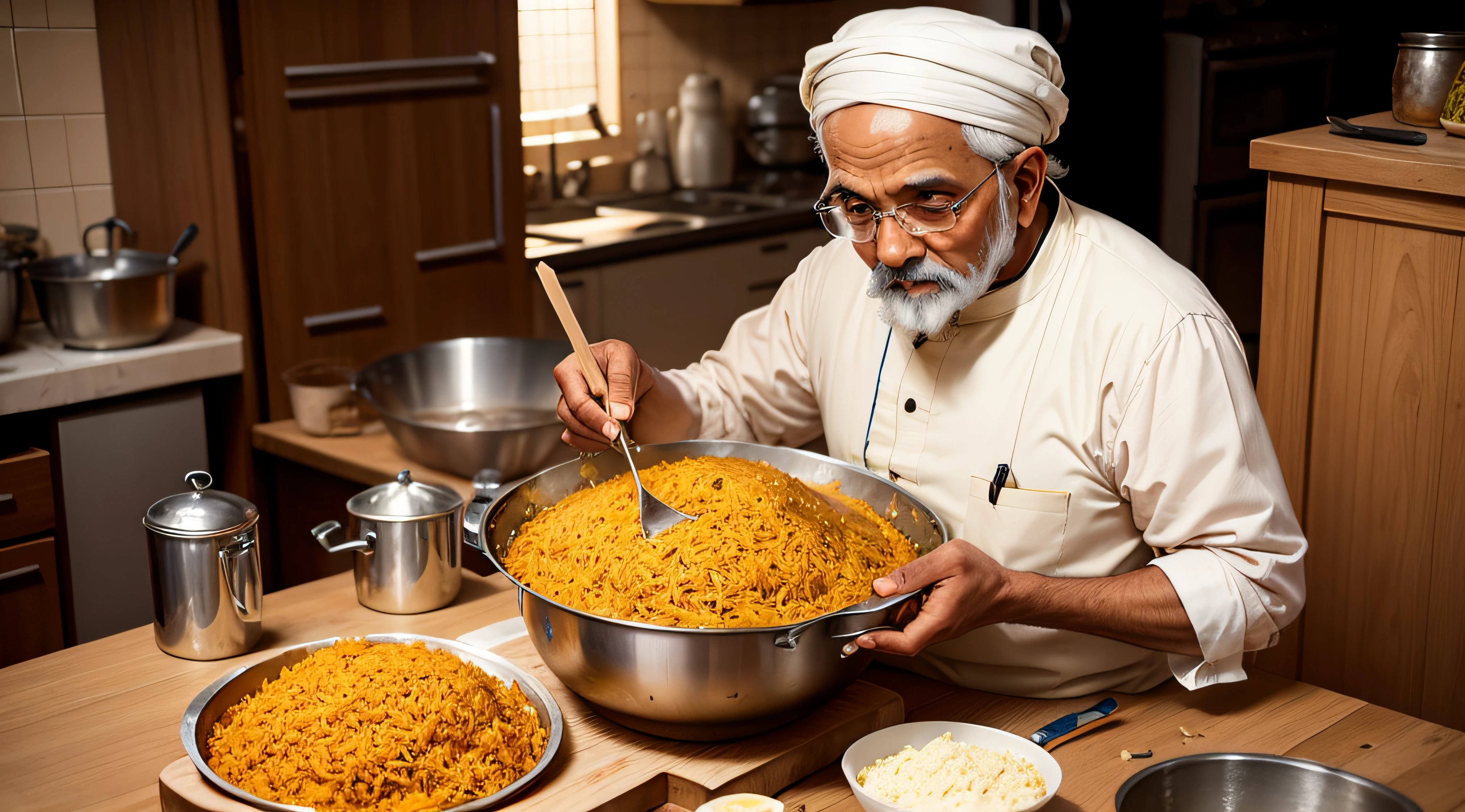 indian spicy chicken briyani making on traditional old man