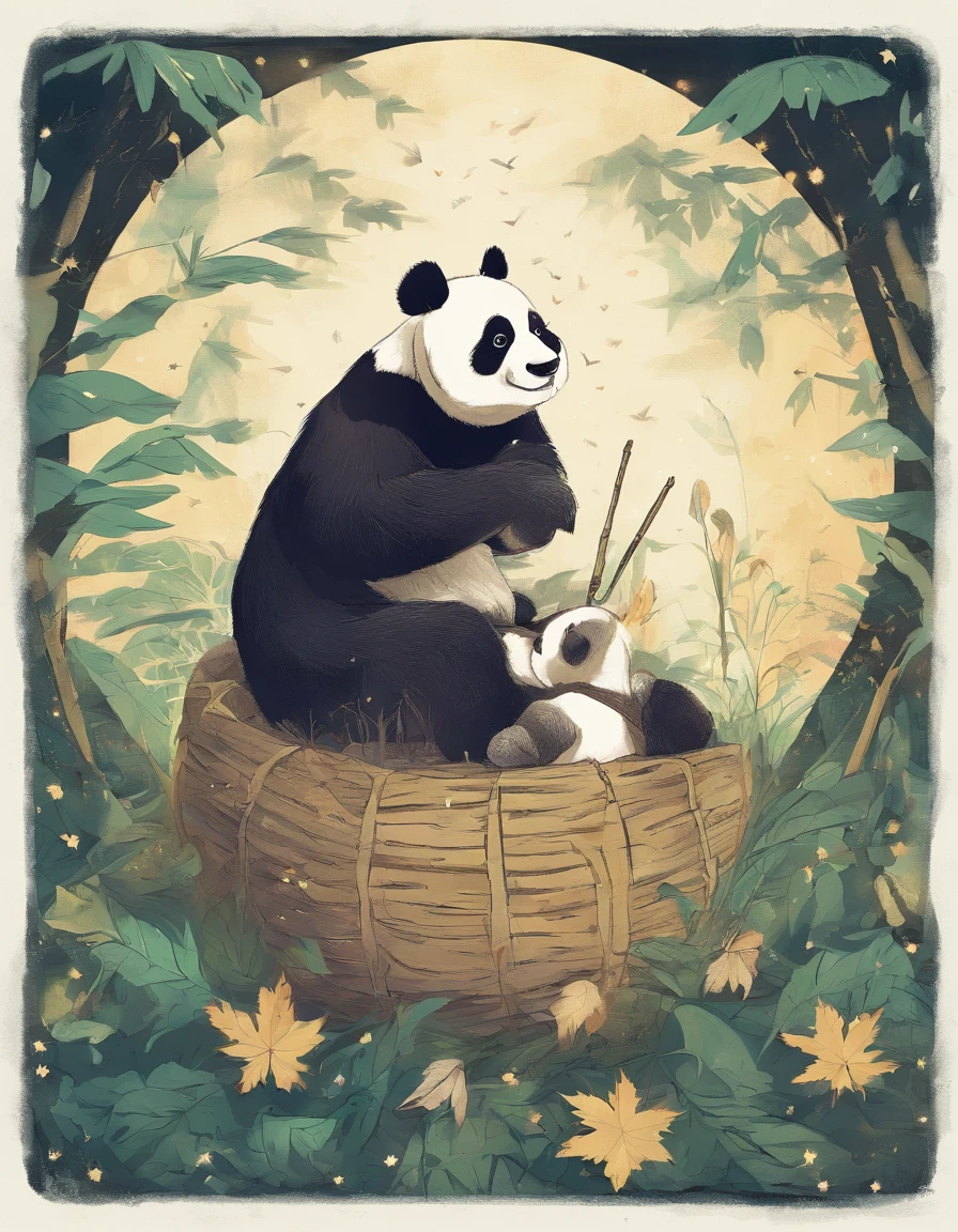 KIDS ILLUSTRATION,Silent night, Quiet bamboo forest, Bamboo leaves fall in the wind,Cute and cute giant panda cubs,fatty,Holding bamboo shoots,bamboo shoots,Full moon in the sky, fireflies flying,((oc rendered))