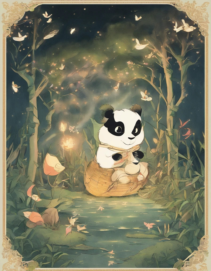 KIDS ILLUSTRATION，Silent night, Quiet bamboo forest, Bamboo leaves fall in the wind,Cute and cute giant panda cubs，fatty，Holding bamboo shoots，bamboo shoots，Full moon in the sky, fireflies flying，（（oc rendered））