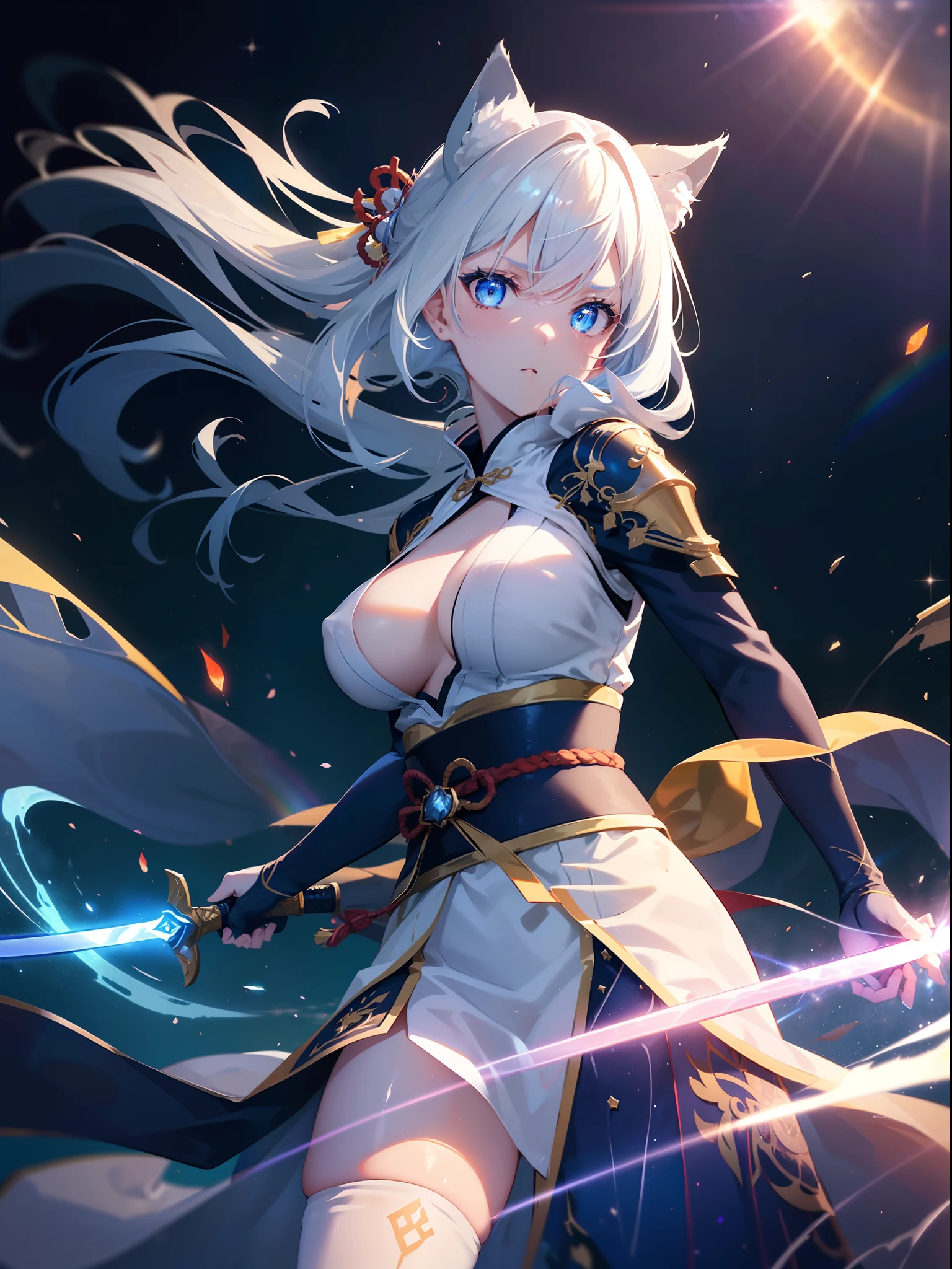 (She has cat ears:1.3),(Sky Eyes 1.3),(Face Focus:1.3), (Murderous ghosts:1.3),(Gentle face:1.3),(long white hair:1.3), hair messy, (Eye color is orange:1.3), (perfectly detailed eyes:1.3),(She cuts detailed squash:1.3),Dynamic Angle,Her skin is pale,(White and blue priestess costume:1.3),(Transverse breasts:1.7),(Dual-wielding combat pose:1.3),(The red glowing samurai sword:1.3),(Sword shining in blue lightning:1.3),She has a samurai sword,dual-wielding,Unleash the Blade of Light,(Colossal tits:1.3),(Chest zoom:1.3),watermelons,Highest Quality, Raise the railgun, ((sanpaku))(Pubic hair shows through)), (Blue glowing thunder sword:1.3),(Fiery Red Sword:1.3),Countless blades glowing blue,Lens Flare, Big rainbow,The moon shines,Star chips, bloom, ((light glow)), chromatic abberation], Digital Painting, Insane details, Intricate details, Beautifully color graded, Unreal Engine, Cinematic , colour grading, Editorial Photography , Photography, Kiss Shot, Canon 5D Camera Photography,Shot on 70mm lens, Depth of subject, ultra sharpness, nffsw, octane, Unreal, Dramatic light, Global Illumination,Motion Picture Film,rainbow,lensflare,(Rainbow Moon Wave Art:1.3),(Sengoku:1.3),(Agfacolor:1.3),(close portrait:1.3),(Feminine:1.4),(Beautiful:1.4),(Attractive:1.3),Move an angle,Themed Background,