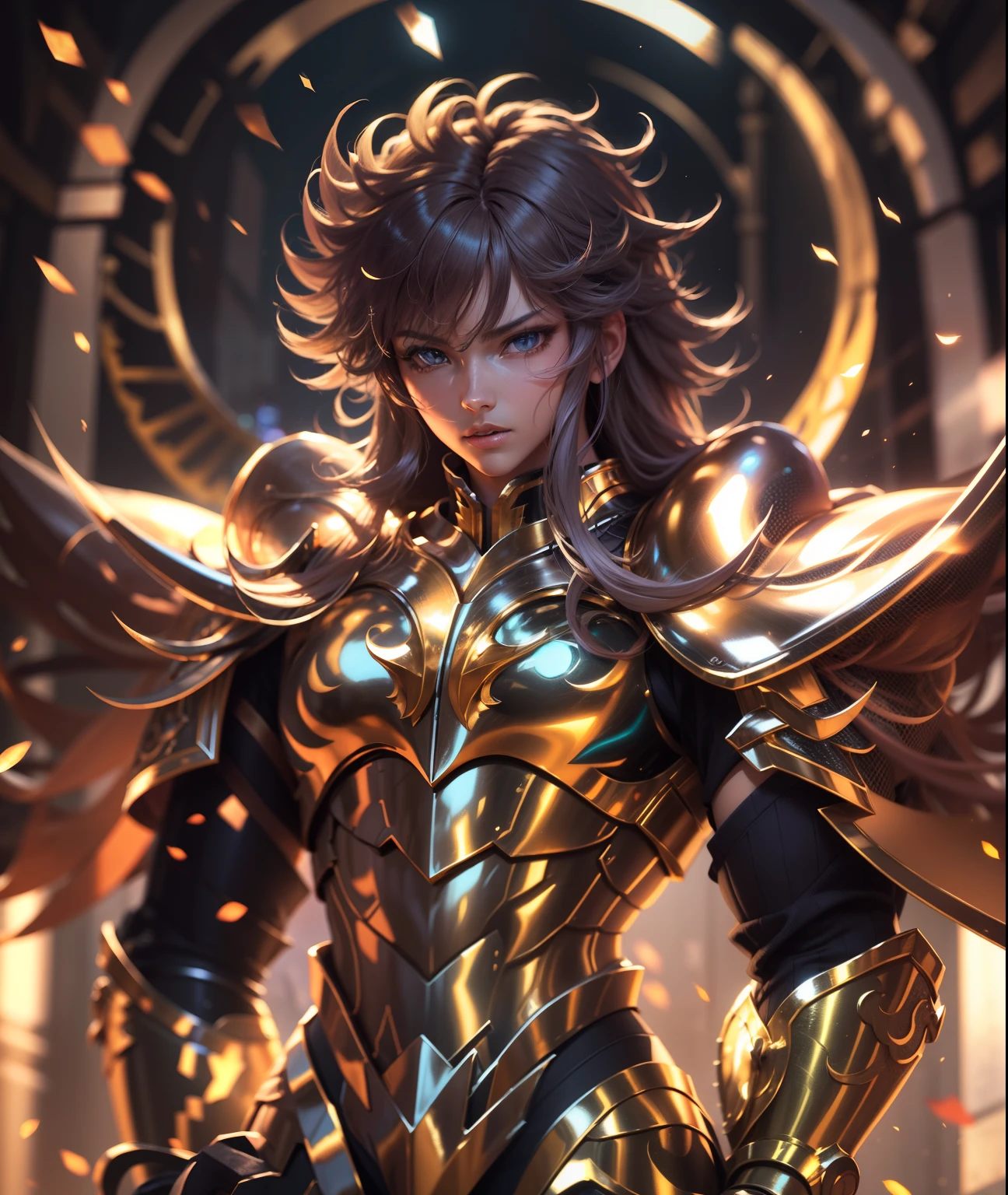 A woman in a gold armor with wings and a golden halo - SeaArt AI