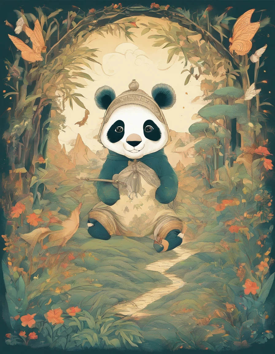 KIDS ILLUSTRATION，Silent night, Quiet bamboo forest, Bamboo leaves fall in the wind,Cute and cute giant panda cubs，fatty，Holding bamboo shoots，bamboo shoots，Full moon in the sky, fireflies flying，（（oc rendered））