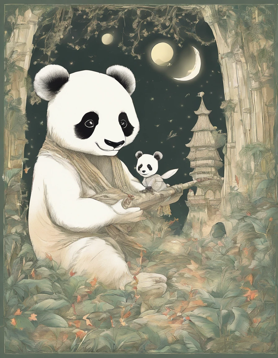 KIDS ILLUSTRATION,Silent night, Quiet bamboo forest, Bamboo leaves fall in the wind,Cute and cute giant panda cubs,fatty,Holding bamboo shoots,bamboo shoots,Full moon in the sky, fireflies flying,((oc rendered))